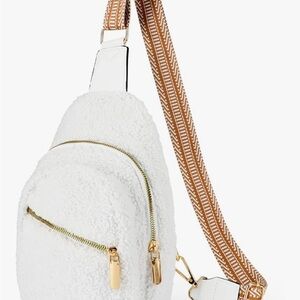 White Sherpa crossbody Sling Bag fanny pack with Gold Accents